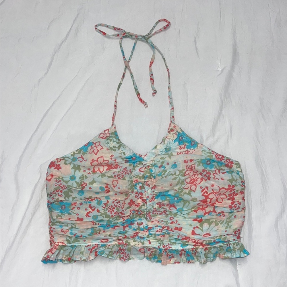 American Eagle Outfitters Pink and Red Ruffled Crop Tank Top